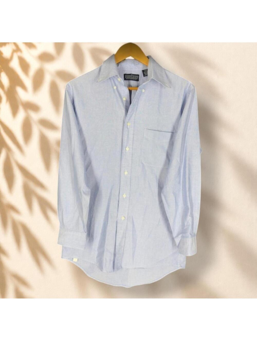Lands' End Shirt Men 32 Blue Button Up Collared Long Sleeve Trim Fit Pockets
